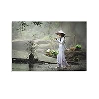 Posters Landscape Poster Vietnamese Girl in Traditional Dress Carrying A Basket Wall Art Wall Art Paintings Canvas Wall Decor Home Decor Living Room Decor Aesthetic 08x12inch(20x30cm) Unframe-Style