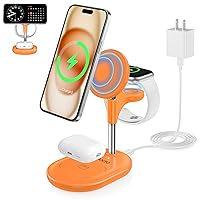 3 in 1 Wireless Charging Station for Apple MagSafe Charger, 15W Fast Magnetic Mag-Safe Charger Stand for iPhone 15 14 13 12 Series Apple Watch AirPods Multiple Devices, Adjustable Angle, Orange