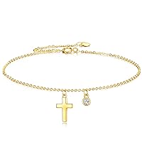 14k Gold Cross Ankle Bracelets Yellow Gold Religious Cross Anklets Fine Gold Adjustable Link Chain Anklet Jewellery Christmas Gifts for Women Girls
