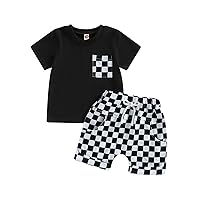 Baby Boy Girl Summer Outfits Checkerboard Short Sleeve T-Shirt Elastic Waist Shorts Set Toddler Checkered Outfit