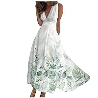 Beautiful Dresses for Women 2024 Elegant Spring Summer Sleeveless V-Neck Vintage Floral Maxi Dress Flowy Long Dresses