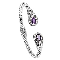NOVICA Artisan Handmade Amethyst Cuff Bracelet .925 Sterling Silver from Indonesia Purple Birthstone 'Bright Eyes'