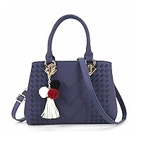 Women Handbag Tassel PU Leather Top Handle Bag Embroidered Crossbody Bag Lady Simple Shoulder Bag (Color : Blue, Size : 28x12x19cm)