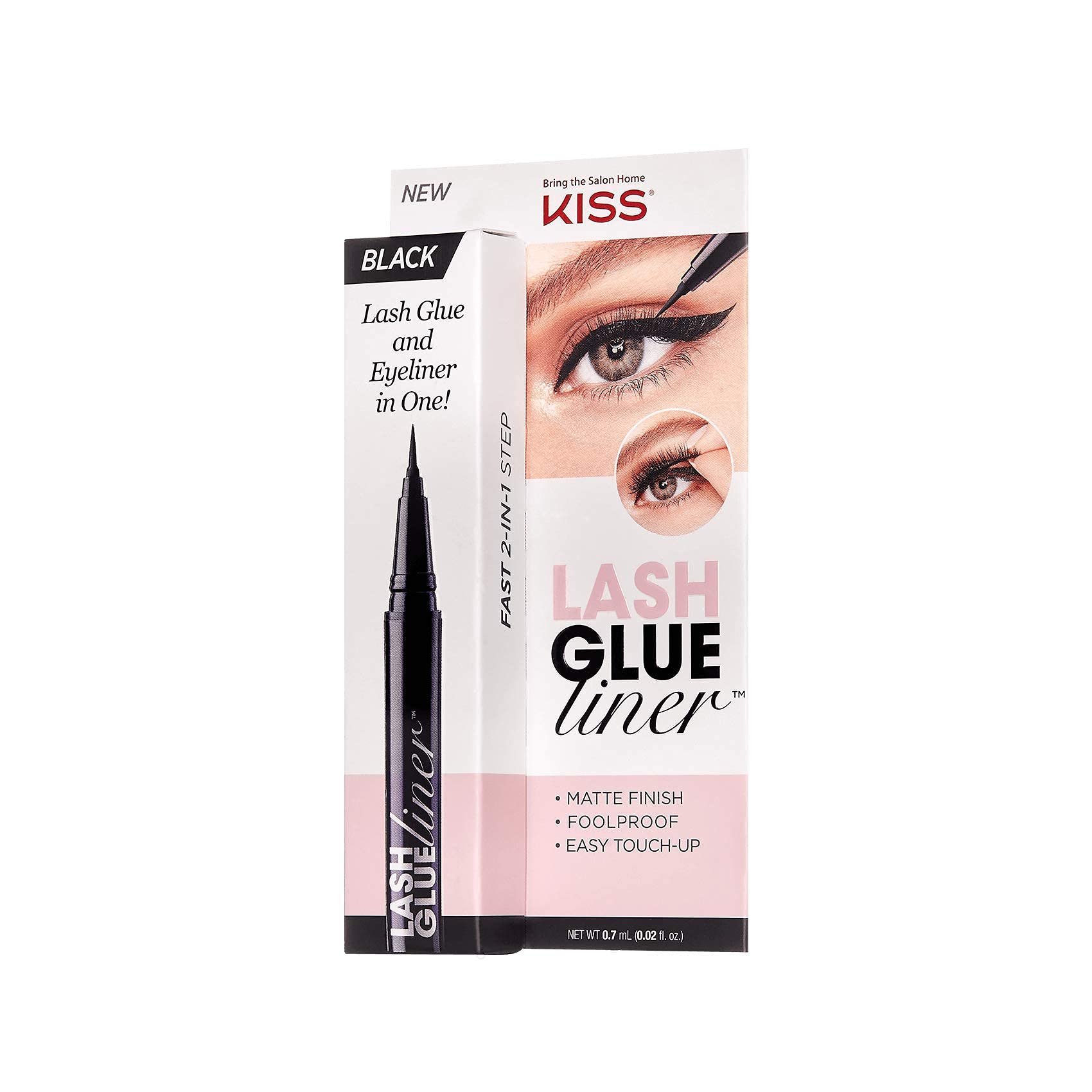 KISS Black Lash GLUEliner, 2-in-1 Felt-Tip Eyelash Adhesive and Eyeliner, Matte Finish, Foolproof Application, Easy Touch-Up, 0.02 Oz.