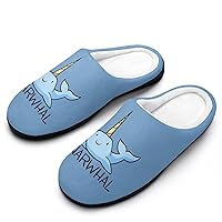 Blue Narwhal Men's Home Slippers Warm House Shoes Anti-Skid Rubber Sole for Home Spa Travel