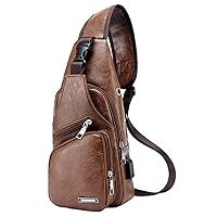 JUMO CYLY Mens Sling Bag, Leather Sling Bag with USB Charging Port Waterproof Casual Daypack Chest Crossbody Bag Shoulder