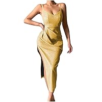 Women's Spaghetti Strap Backless Thigh-high Side Slit Bodycon Maxi Long Dress Club Party Dresses Sleeveless Prom Gown