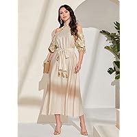 Women's Dress Floral Print Cold Shoulder Fringe Detail Belted Dress (Color : Apricot, Size : Medium)