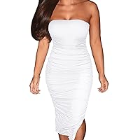 GOKATOSAU Women's Summer Strapless Mesh Bodycon Split Ruched Midi Party Dress