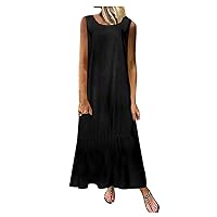 Women's Bohemian Flowy Beach Round Neck Trendy Dress Sleeveless Long Floor Maxi Casual Summer Swing Solid Color
