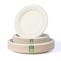 7 inch and 9 inch Heavy-duty Compostable Plates (each 25 Count), 50 Count Unbleached Disposable Paper Plates，Eco friendly Sugarcane Biodegradable Plates for Party Dinner Birthday
