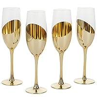 MyGift 6 oz Modern Brass Tone Metallic Plated Stemmed Champagne Flutes, Sparkling Wine Stemware, Wedding Party Toasting Glasses with Angled Design, Set of 4