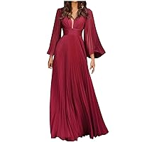 Prom Dresses 2024 Women Elegant Bell Long Sleeve Pleated Long Wedding Dresses Sexy Low Cut Backless Flowy Evening Gowns