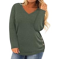 RITERA Plus Size Tops for Women 5X Long Sleeve Shirt Button Side Shirt V Neck Tunic Tops Casual Blouses Tee Green 5XL