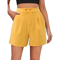 onlypuff Dressy Shorts for Women Button Down Flare Trouser Shorts with Pockets Yellow L