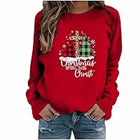 Christmas Begin with Christ Sweatshirts for Women Plaid Trees Graphic Tops Long Sleeve Leopard Faith Cross Tee Shirt