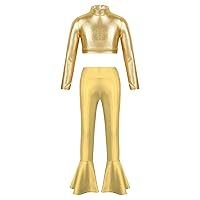 Kids Girls 2Pcs Metallic Dance Outfits Mock Neck Long Sleeve Crop Top with Raw Hem Flared Pants Set Dancewear