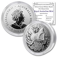 2022 P 5 oz Australian Silver Great White Shark Coin Brilliant Uncirculated (BU - in Protective Acrylic Capsule - Paperweight) with Certificate of Authenticity $5 Seller Mint State