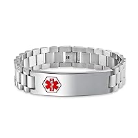 Personalize Medical Identification Medical ID Band Link Bracelet For Men Steel 8.5in Custom Engraved