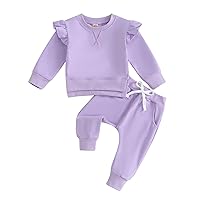 AEEMCEM Toddler Baby Girl Clothes Fall Winter Outfits Solid Color Ruffle Long Sleeve Crewneck Sweatshirt and Jogger Pants Set