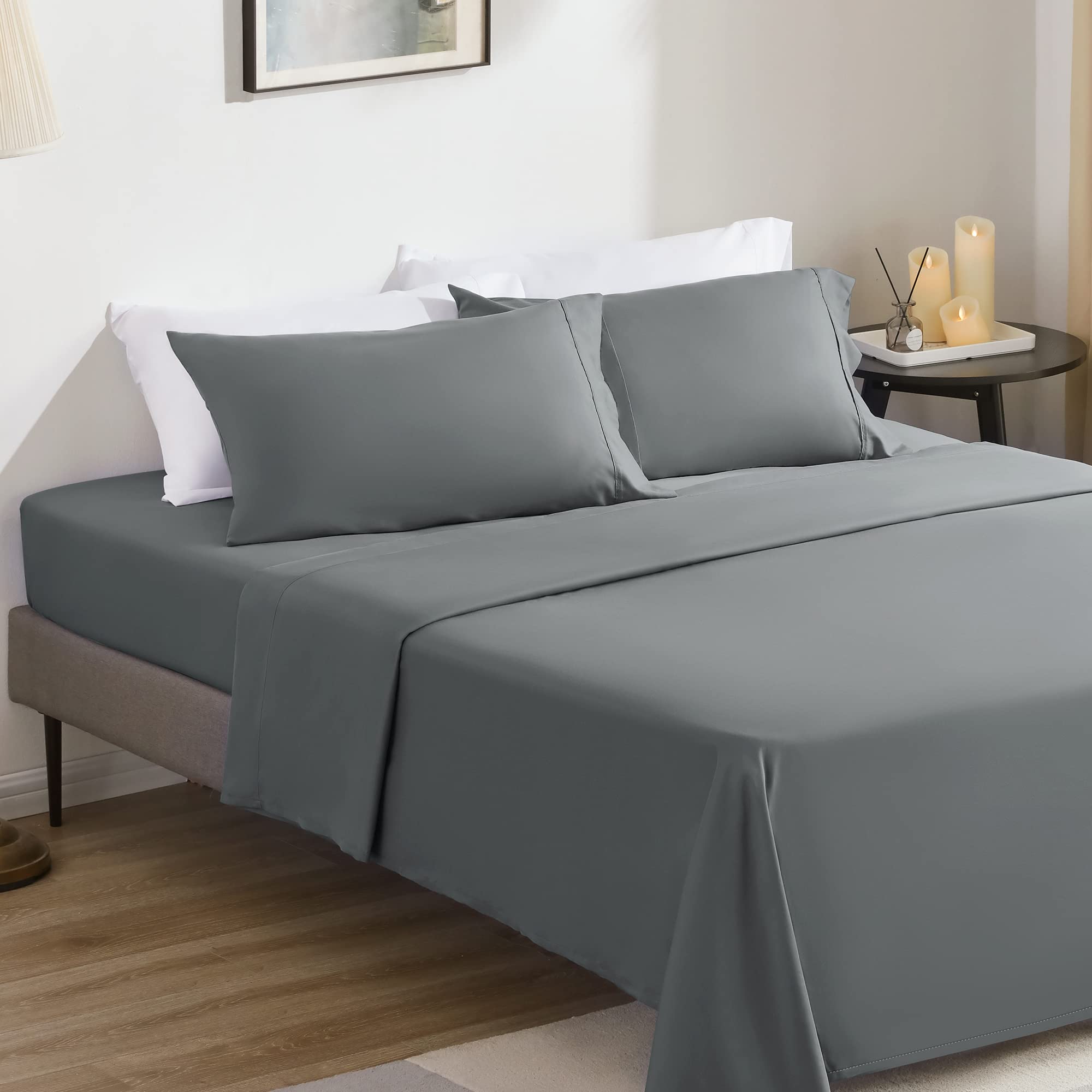 SONIVE Queen Bed Sheets Set Grey 1800 Super Soft Brushed Microfiber 4 Pieces Bedding Sheets & Pillowcases with Fitted Sheet, Deep Pockets Easy Care