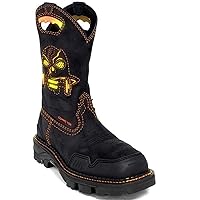 Western Boots for Men Square Toe Cowboy Boots Embroidered Skeleton Men's Western Work Combat Boot Retro Cowboy Mid Calf Boots Stitching Embroidered Printed Pull On Stacked Low Heel PU Leather Shoes