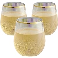 48 piece Stemless Unbreakable Crystal Clear Plastic Wine Glasses Set of 48 (10 Ounce - Gold Rim)