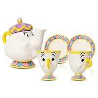 Disney Beauty and the Beast Sculpted Mrs. Potts Teapot With 2 Chip Cups and Saucers Replica | Tea Party Set For Coffee, Espresso