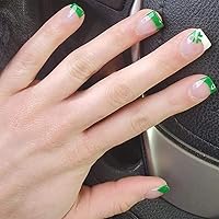 24Pcs St. Patrick's Day Press on Nails Short Square Simple Four Leaf Clover Design French Tip Fake Nails Natural Stick on Nails Green Nail Tips Shamrock Glue on Nails False Nail for Women &Girls Gift
