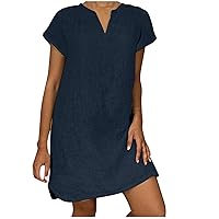 Summer Dresses for Women 2024 Casual Loose V-Neck Solid Short Sleeve Cotton and Linen Dress Beach Vacation Sundress