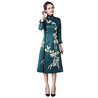 Women Green Slim Midi Cheongsam Dress Silk Printed Addition Cotton Coat Qipao 3260