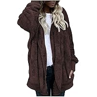 Womens 2023 Winter Long Sleeve Solid Fuzzy Fleece Open Front Hooded Cardigans Jacket Coats Outerwear with Pocket