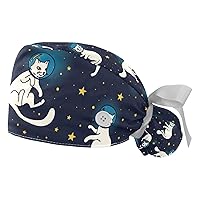 2 Pcs Working Cap with Button for Women Long Hair Adjustable Elastic Bandage Tie Back Hats Bouffant Caps Constellation