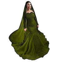 Women's Lace Applique Muslim Mermaid with Hijab Prom Dress Long Sleeves Eveing Gown