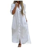 Women's Long Sleeve Button Down Shirt Dress Plain Cotton Linen Maxi Dress V Neck Loose Fit Casual Shirt Dresses with Pockets