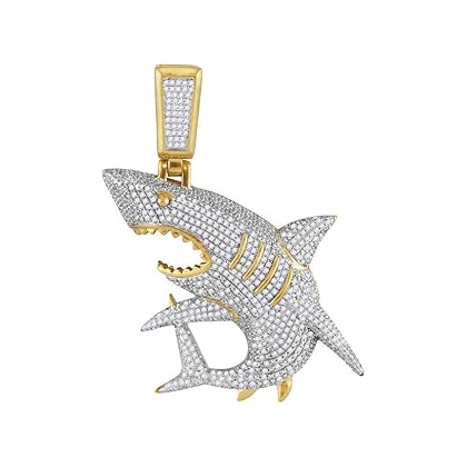 10K Yellow Gold Mens Diamond Shark Nautical Charm Fashion Pendant 1 & 1/2 Cttw