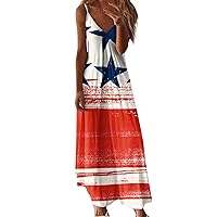 Spaghetti Strap Maxi Dresses for Women 4th of July American Flag Print Long Sundresses Summer Casual Holiday Sundress