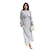 Dresses for Women - Floral Print Surplice Neck Lantern Sleeve Dress