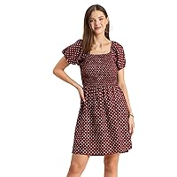 Women’s Printed Dress, Square Neck Short Puffed Sleeves Knee Length Short Dress