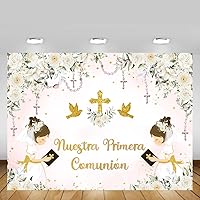 MEHOFOND Floral Nuestra Primera Comunión Baptism Backdrop for Twin Girls Siblings First Holy Communion Banner God Bless Christening Party Photography Background Banner Sign Photo Booth Props 7x5ft