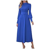 Women's Fall Dress Round Neck Long Lantern Sleeve Pleated A-line Wedding Guest Dress Dressy Party Cocktail Dress
