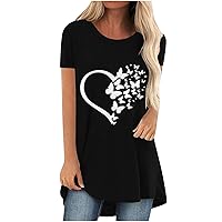 Womens Valentine's Day Heart Graphic Shirts Casual Plus Size Tunic Tops Short Sleeve O-Neck Loose Blouse Trendy