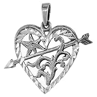 1 inch Sterling Silver Heart with Star and Arrow Necklace for Women Diamond-Cut Oxidized finish available with or without chain