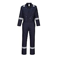 Portwest C814 Men's Work Coveralls - 100% Cotton Workwear Lightweight Reflective Safety Coverall with Zip and Pockets Navy, Large