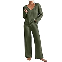 Womens 2 Piece Outfits Sweater Lounge Set Casual V Neck Knit Pajama Set Long Sleeve Top Wide Leg Pants Loungewear
