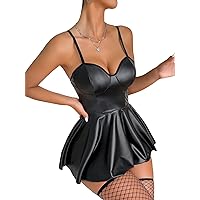Milumia Women's Lingerie Set PU Leather Backless Underwire Babydoll Dress with Stockings