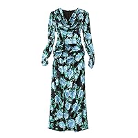 Floral Print Autumn Dresses for Women Long Sleeve Ruched Midi Straight Party Prom Dresses Blue Robe
