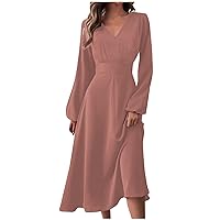 Spring Dresses for Women 2024 Empire Waist Long Sleeve Swing Flowy Maxi Dress V Neck Solid Casual Long Dress