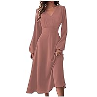 Women's Fall Casual Fashion V-Neck Long Sleeve Solid Long Dress,Cocktail Dresses for Women