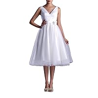 Wedding Dresses V-Neck Bridal Gowns Simple A-line Tea Length Wedding Dress Bride Short, Color White,2